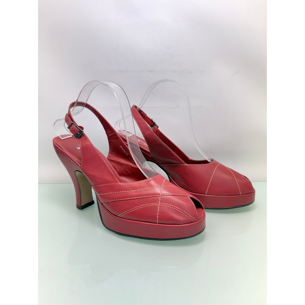 Two Lips Red Leather Platform Slingback Heels Peep Toe Y2K Retro Glam Sz 8.5